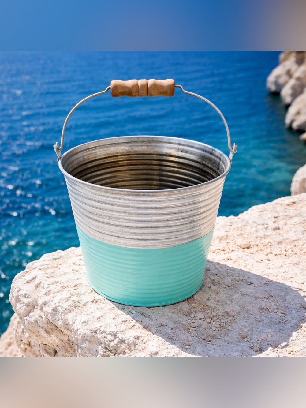 Two-Tone Metal Bucket Planter with Wooden Handle and Drainage Hole